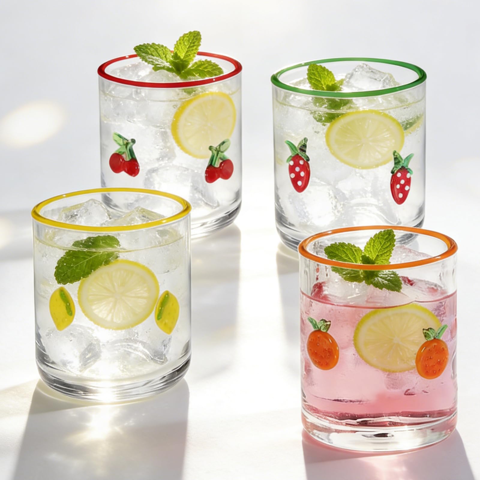 Whaline 4Pcs Fruit Icon Juice Glass 14 Oz Wine Glass Strawberry Lemon Cherry Orange Stemless Cocktail Drinking Cups for Home Party Favors Supplies