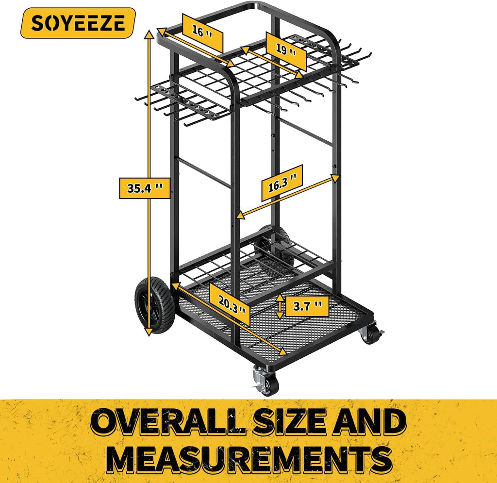 SOYEEZE Garden Tool Organizer - Heavy-Duty 3-Tier Tool Rack with Large Wheels | Holds 35 Tools, 12 Hooks