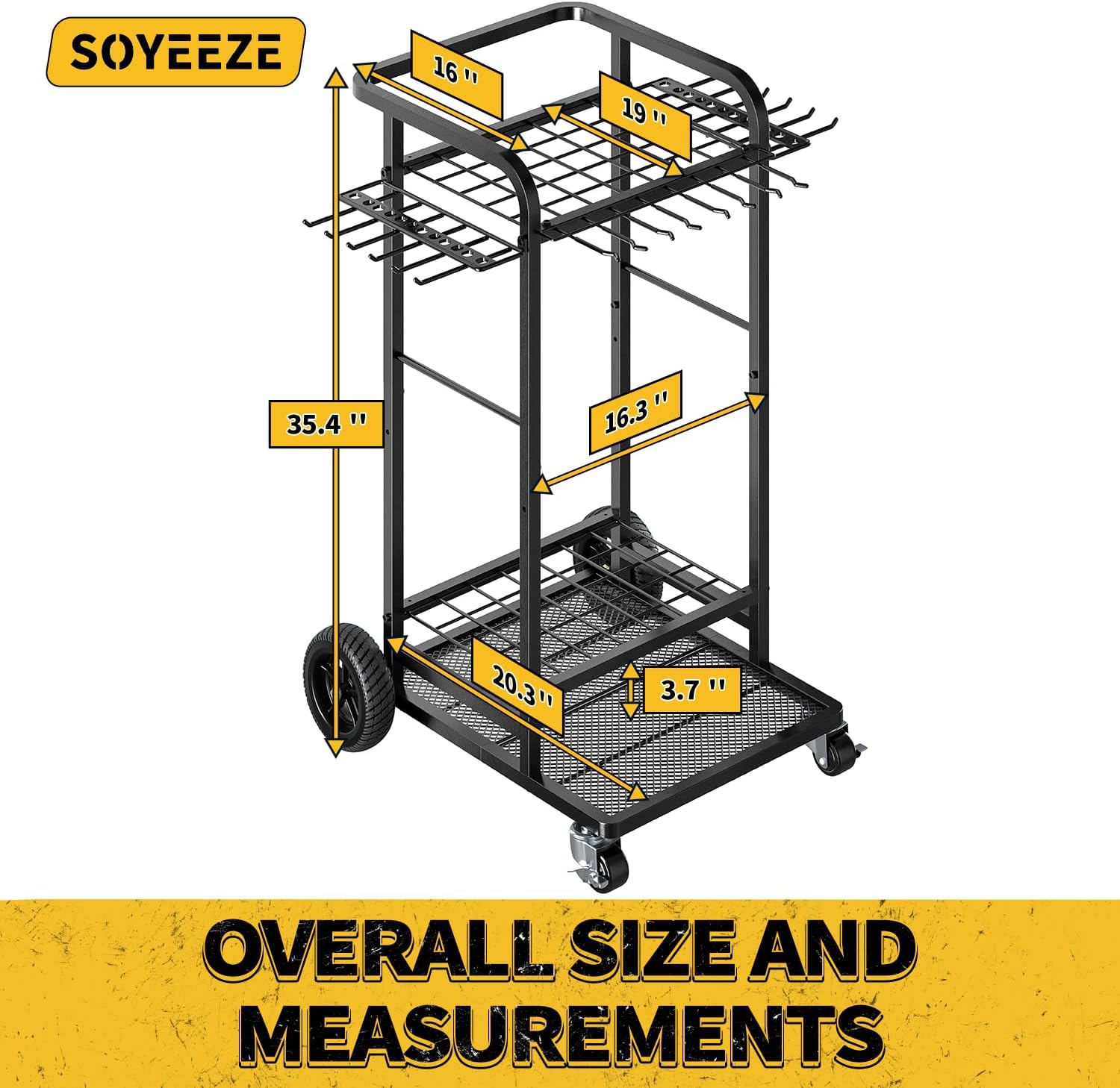 SOYEEZE Garden Tool Organizer - Heavy-Duty 3-Tier Tool Rack with Large Wheels | Holds 35 Tools, 12 Hooks