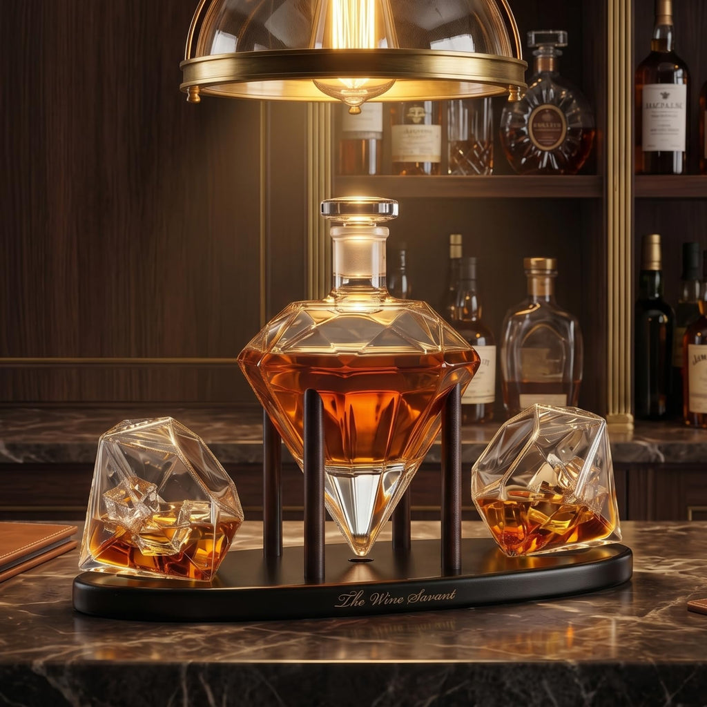 The Wine Savant Diamond Whiskey Decanter l With 2 Diamond Glasses Liquor, Scotch, Rum, Bourbon, Vodka, Tequila Decanter (750 ML DECANTER)
