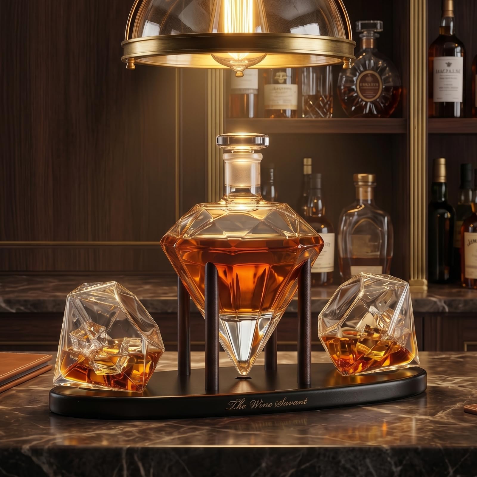 The Wine Savant Diamond Whiskey Decanter l With 2 Diamond Glasses Liquor, Scotch, Rum, Bourbon, Vodka, Tequila Decanter (750 ML DECANTER)