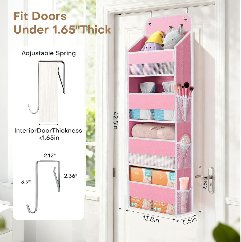 SpaceWhisper Over The Door Organizer - 4 Large Pocket Hanging Storage for Nursery, Bathroom & Closet (Pink)