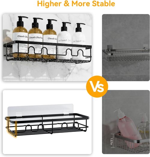 Adhesive Shower Caddy - Large Capacity Bathroom Organizer | No Drill Black Shower Shelves, 2 Pack