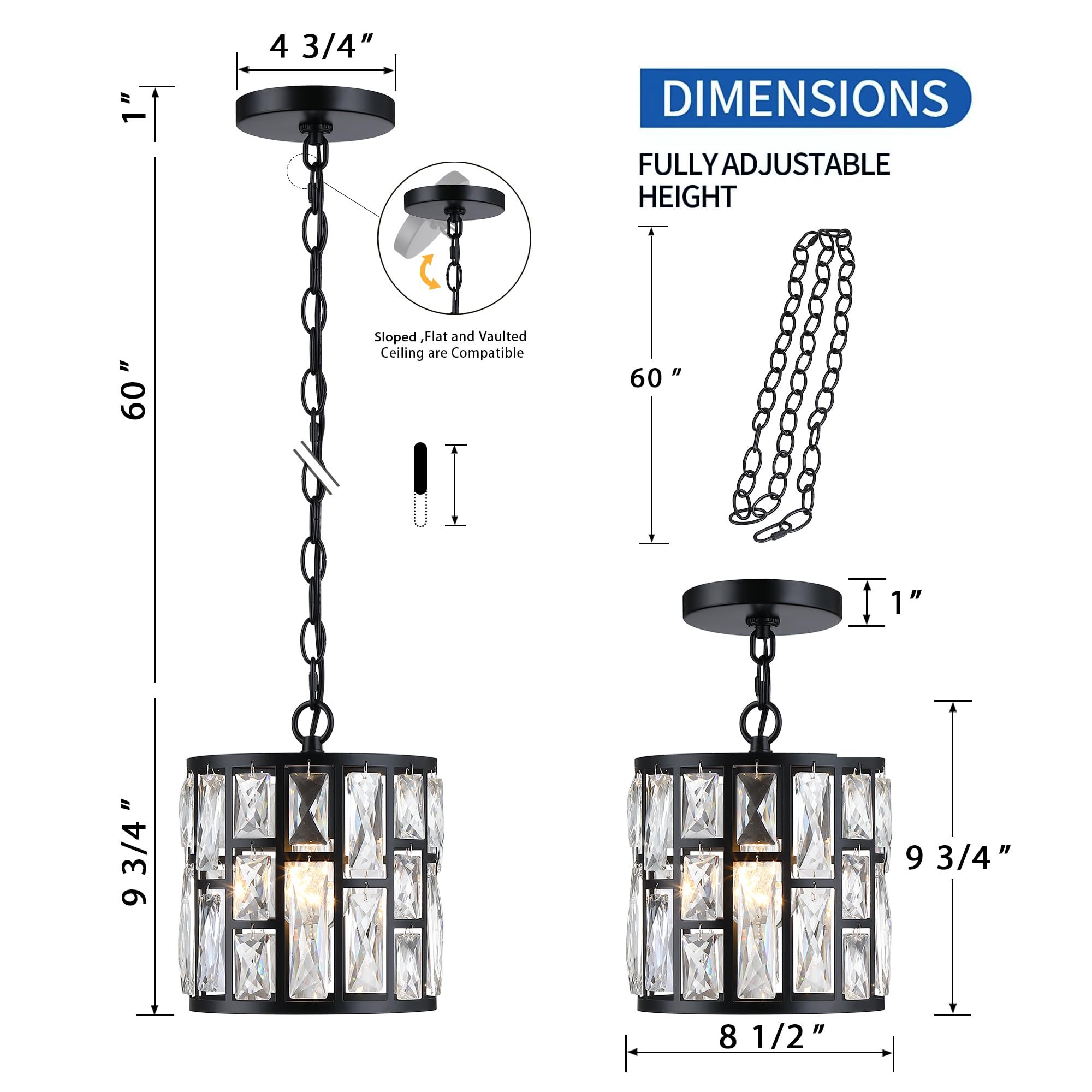 MEXO Modern Crystal Pendant Light,Black Chandelier Light Fixture, Cylinder Adjustable Height Pendant Lights for Kitchen,Dining Room,Living Room,Foyer,Hallway