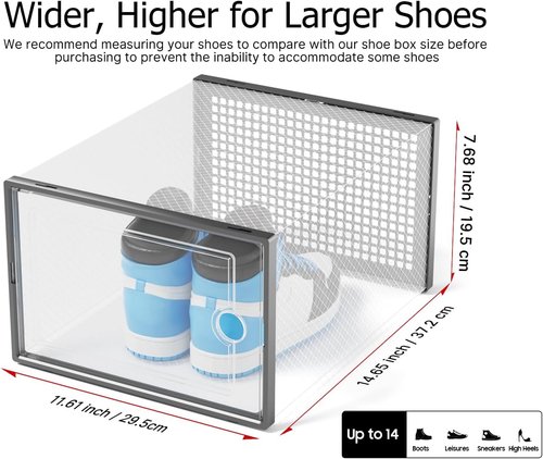 Kuject Shoe Storage Boxes - Clear Plastic Stackable Organizers | 12 Pack for Sneakers & Toys, Black