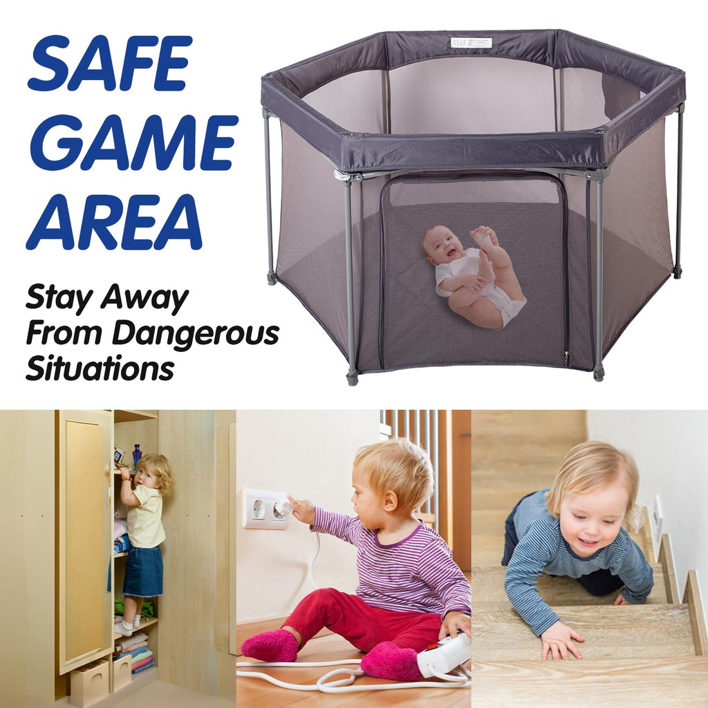 Baby Playpen 53x53 Inch, Indoor/Outdoor Portable Play Yard No Extra pad Required with Breathable Mesh Walls, Enclosed Safe Space for Babies, Quick Foldable Playpen for Home Travel Park (Grey)