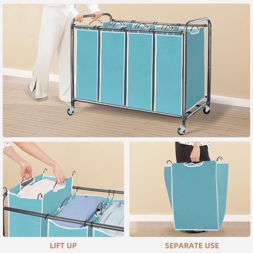 **Storage Maniac Laundry Sorter - 4-Section Hamper with Wheels & Removable Bags - 47.8 Gal, Blue**