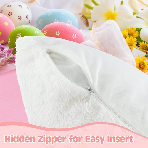 TIFFYONEK Easter Bunny Pillow Covers 18x18 Set of 2, Ultra-Soft Plush Faux Fur White Rabbit Throw Pillowcases with Pink Embroidered Ears for Spring Farmhouse Home Decor, Kids Room & Easter Gifts