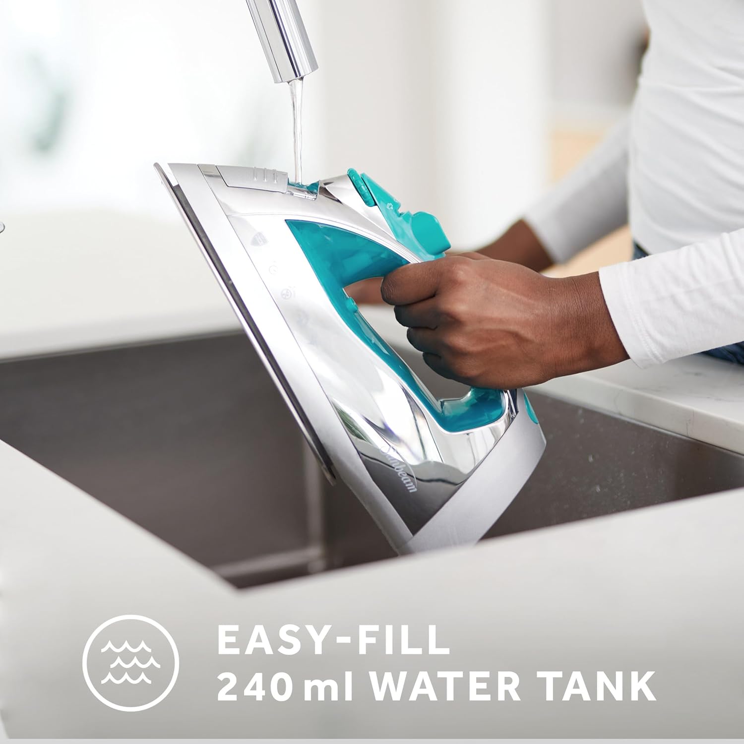 Sunbeam Turbo Steam Iron - 1400W Quick Heat with Stainless Steel Soleplate | 240ml Water Tank, White & Teal