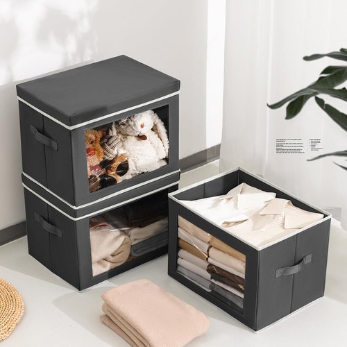 Homsorout Stackable Storage Bins - Large Foldable Closet Organizers with Lids, 4-Pack, Dark Grey