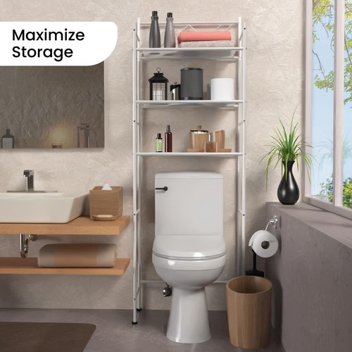 Home Zone Living Over-The-Toilet Bathroom Storage Organizer with 3-Tier Shelves and Adjustable Feet, Freestanding Steel Frame Design, White