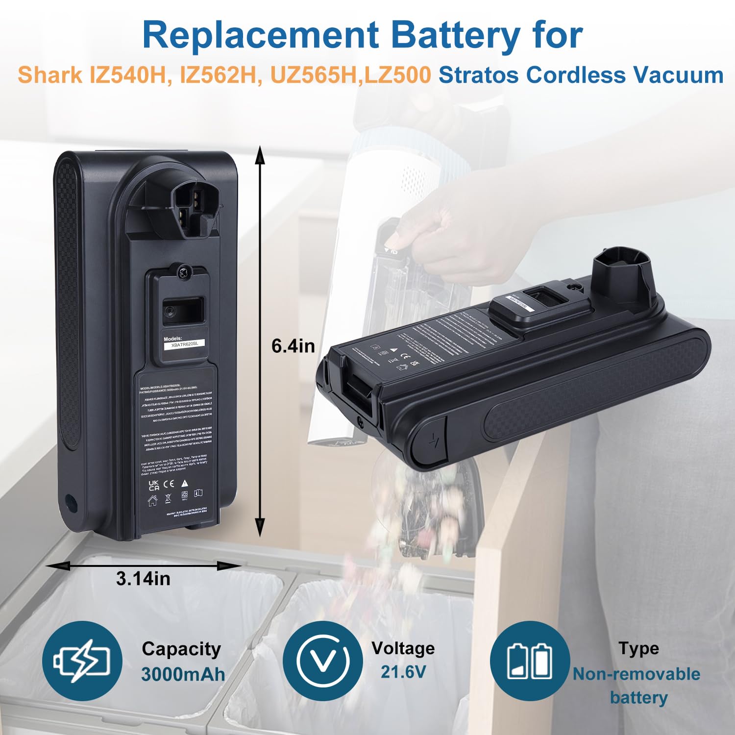 Xpopox Replacement for Shark XBATR620SL Battery Compatible with IZ540H, IZ562H, UZ565H,LZ500 Shark Cordless Vacuum Cleaners, 3000mAh 21.6V（NOT Fits for Shark IZ840H,IZ862H,UZ865H Series Models）