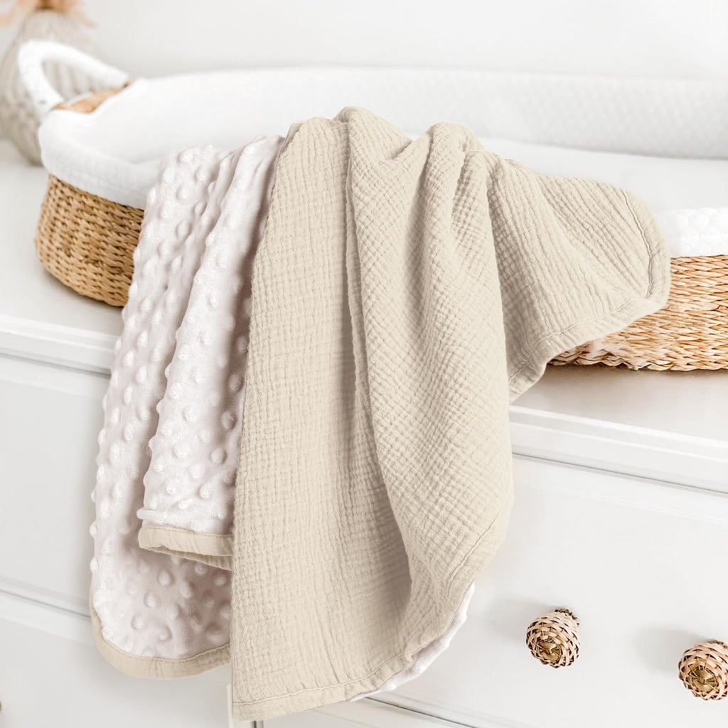 lulumoon Baby Blankets for Newborn Muslin: Thermal Minky Dotted Backing - Cotton Receiving Blanket for Baby Essential & Registry Gift 30"x40"(Ivory)