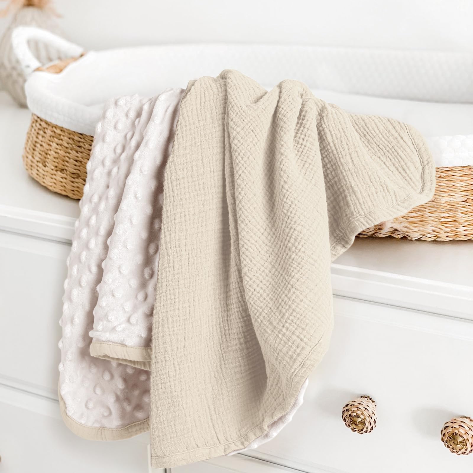 lulumoon Baby Blankets for Newborn Muslin: Thermal Minky Dotted Backing - Cotton Receiving Blanket for Baby Essential & Registry Gift 30"x40"(Ivory)