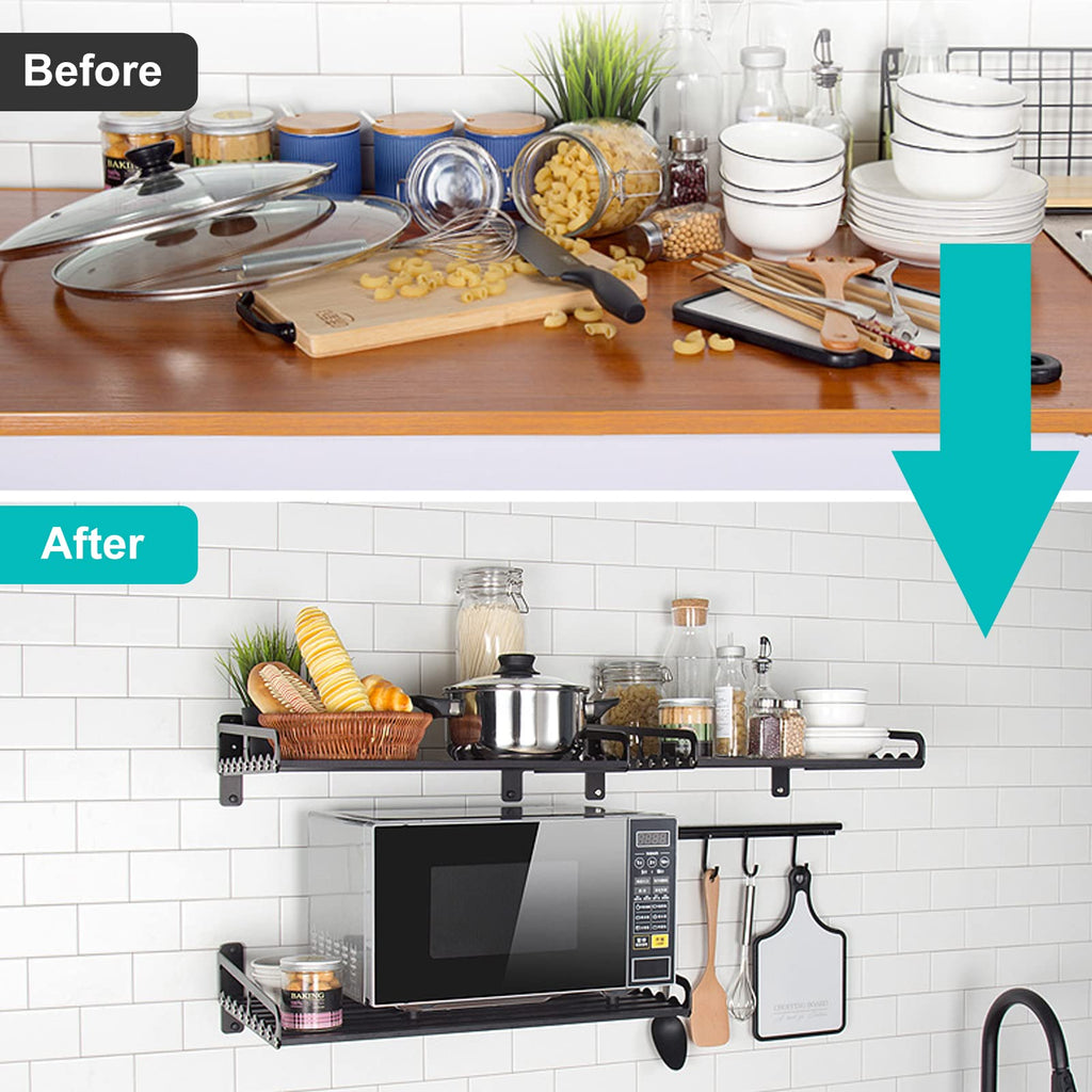 Goyappin Microwave Oven Rack, 23.58“x15.52“ Shelf for Microwave Wall Mount, Wall-Mounted Electric Oven Holder Shelf Kitchen Wall Pot Pan Rack Weight Bearing 80 lbs for Electric Oven Microwave