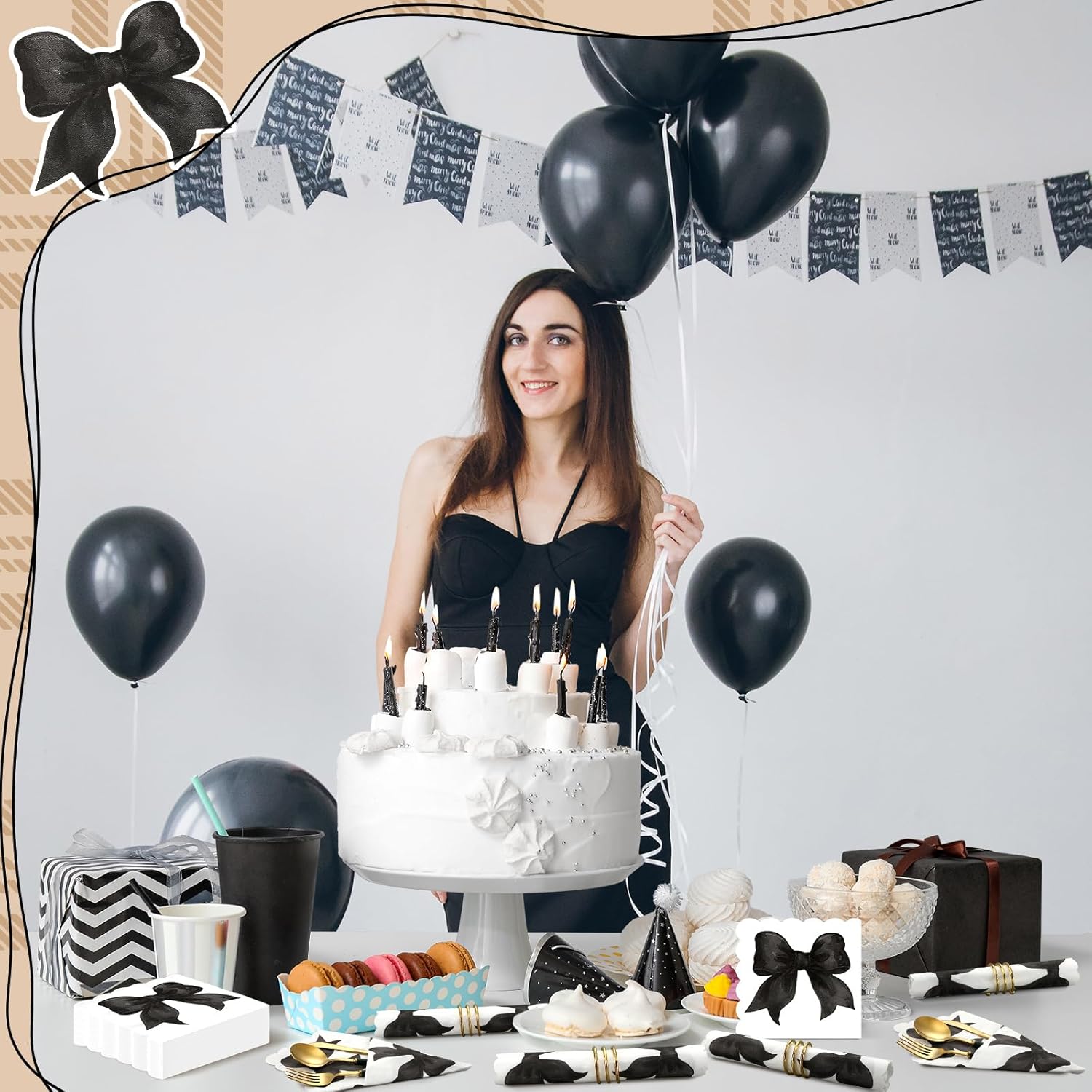 Skyygemm Black Bow Napkins - 150 Pcs Disposable Party Supplies for Bachelorette & Bridal Showers