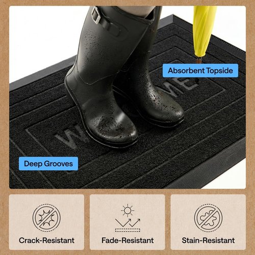 GORILLA GRIP Waterproof All-Season WeatherMAX Doormat - Natural Rubber, Stain & Fade Resistant, 29x17, Black