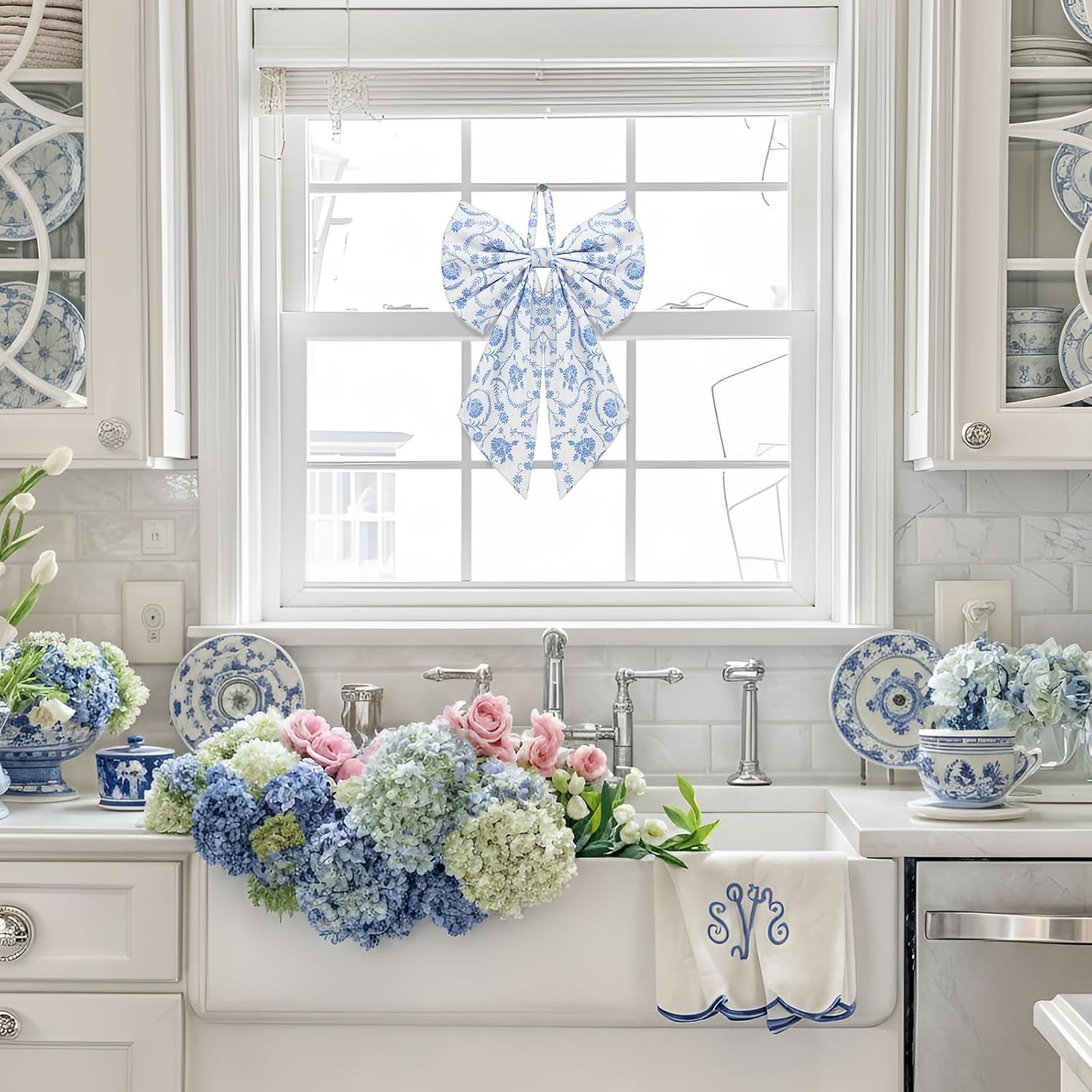Suncalla Chinoiserie Wreath - Cute Flower Bow Front Door Hanger for Spring Decor | Blue Toile Design