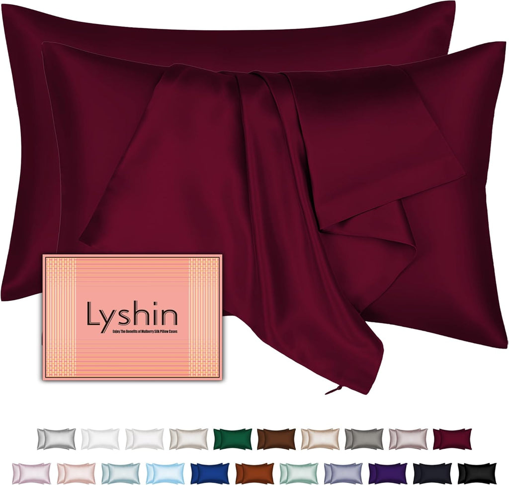 Skiennix Mulberry Silk Pillowcases - 2 Pack Queen Size, Hidden Zipper for Hair & Skin, Burgundy Red