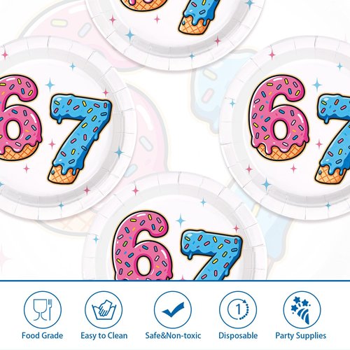 Greencian 50Pcs Donut 6 7 Birthday Paper Plates 9 Inch Disposable I was 6 Now I'm 7 Plates Sweet Donut Six Seven Theme Tableware Sets for Kids Boys Girls 6-7 Year Old Birthday Party Supplies Decor