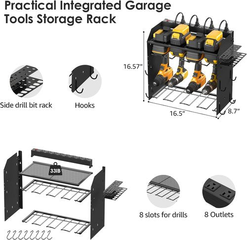 CCCEI Modular Power Tool Organizer - Wall Mount Charging Station for 8 Cordless Drills | Black Utility Rack with Hooks