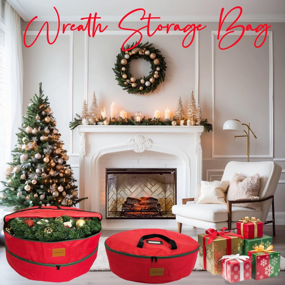 Skiennix Wreath Storage Container - Heavy Duty 600D Oxford Cloth, 30x12 Inch, Red Double Storage Bag for Christmas Wreaths
