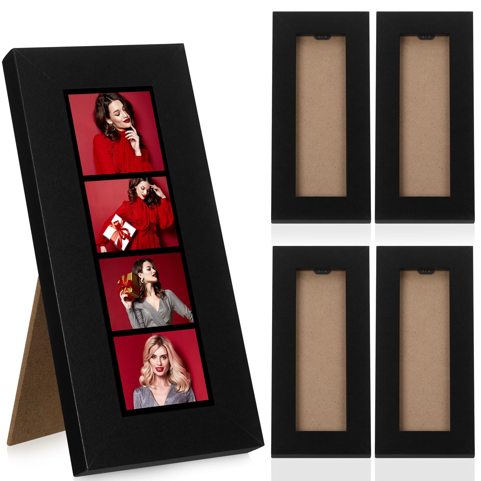 Briwooody 4 Pack Photo Booth Frames 2x6 Photo Strip Frame with Stand Wooden Wall and Tabletop Display Film Picture Holder with Clear Glass for Wedding Grad Baby Shower Picture Booth(Black)