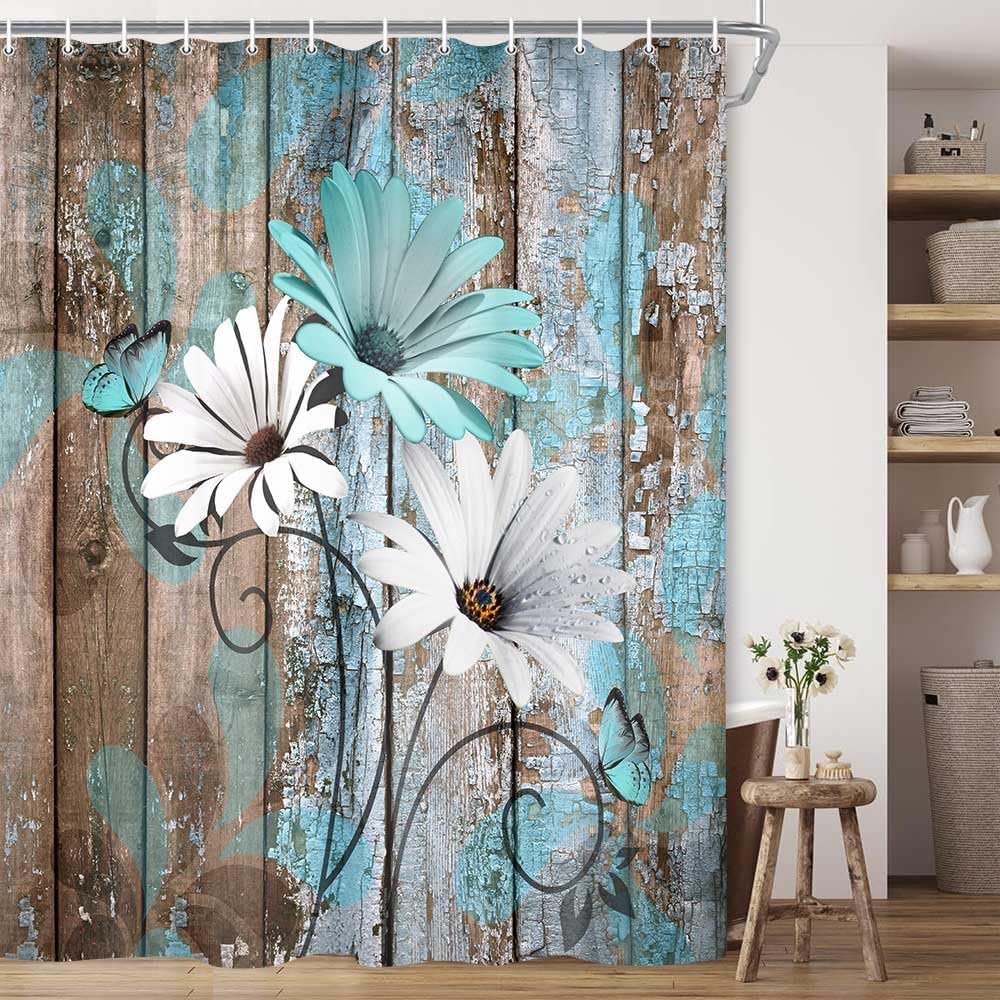 JAWO 4 Piece Teal Daisy Flower on Rustic Wooden Plank Country Style Shower Curtain Sets with Non-Slip Rugs, Toilet Lid Cover and Bath Mat, Shower Curtain with 12 Hooks