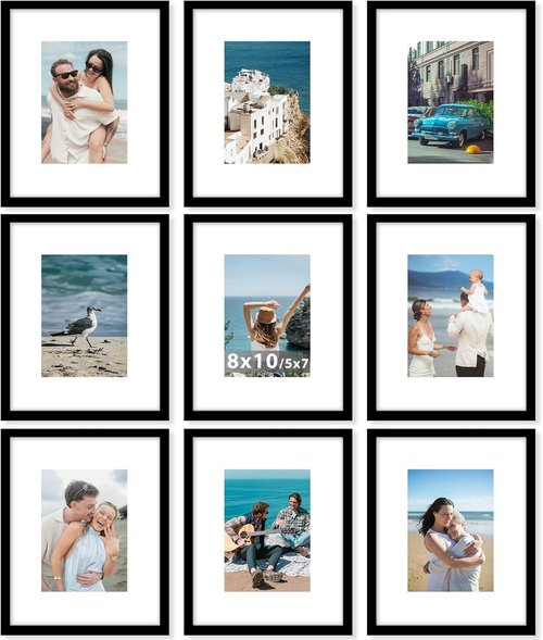 JCJMY 9-Pack 8x10 Picture Frames - Versatile Display for 5x7 with Mat or 8x10 Without Mat | Black Gallery Wall Decor