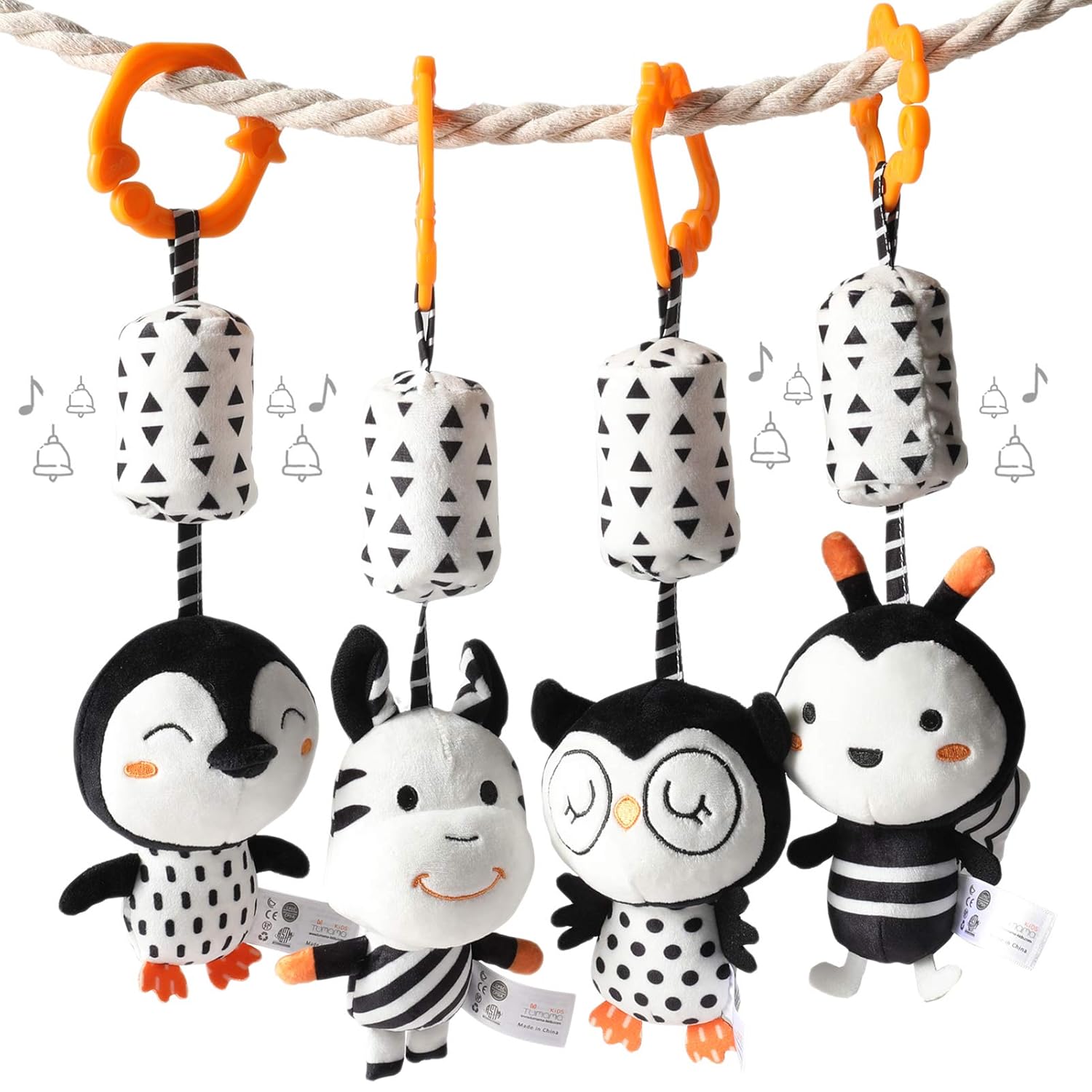 TUMAMA Plush Baby Toys - Black and White Hanging Rattles for Newborns | 4-Pack for 3-12 Months