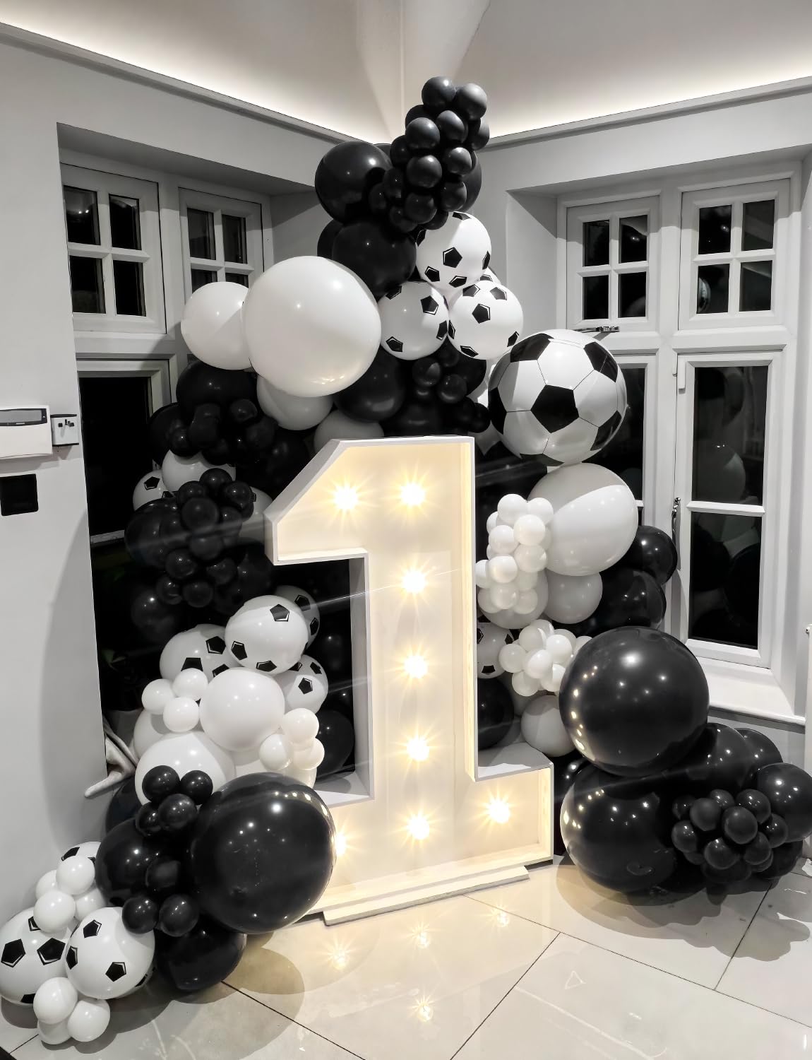Soccer Balloon Garland Arch Kit - Black and White Football Print Balloons Arch Kit with Foil Football Exploding Star Balloon for Sports Fan, Birthday Party, Baby Shower, Soccer Theme Party Decor