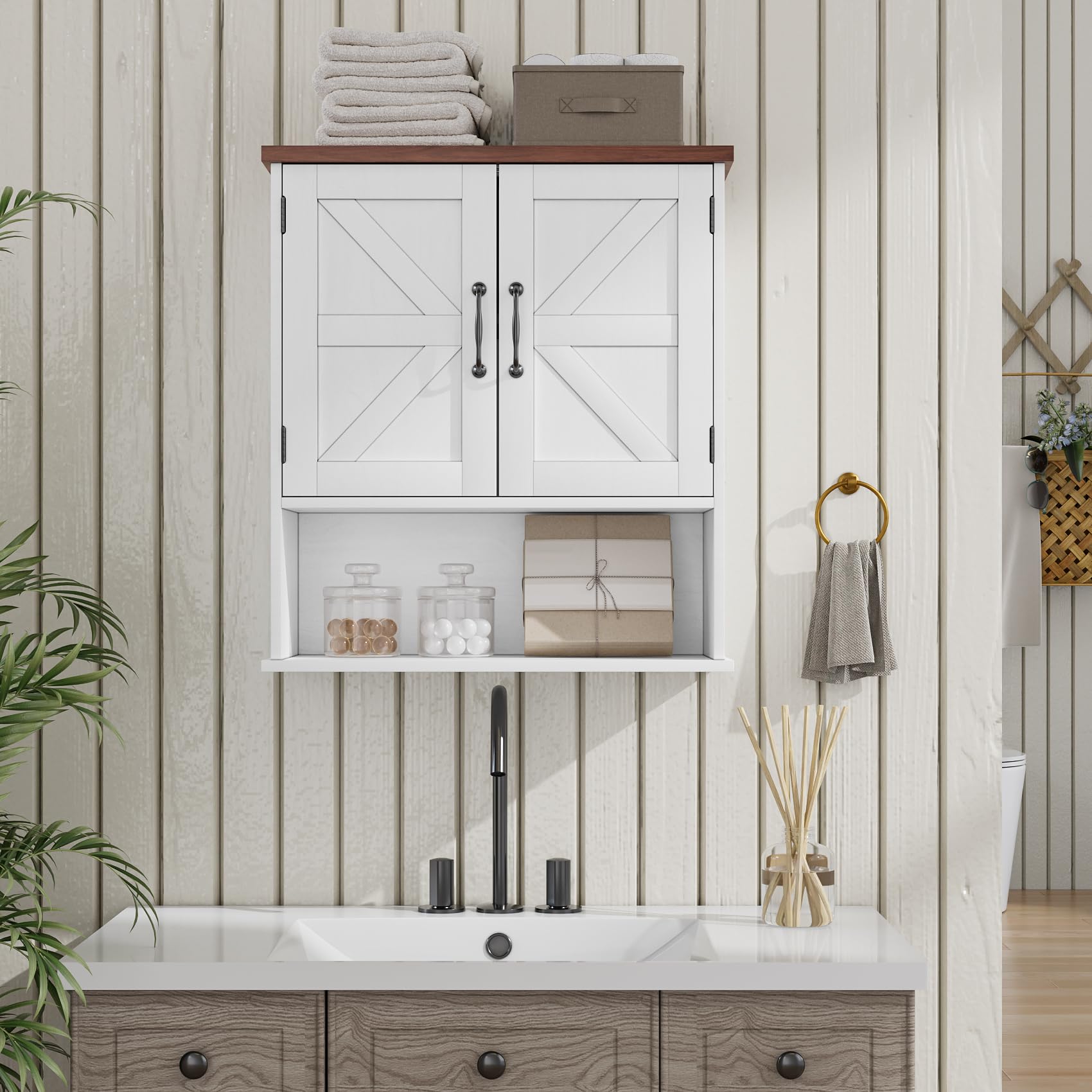 Mino Kesper Bathroom Wall Cabinet with Barn Doors, Wall Mounted Bathroom Cabinet, Farmhouse Style, Adjustable Shelf, Wall Mounted Medicine Cabinets, White