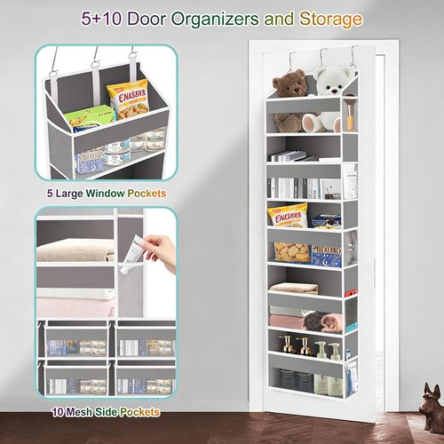 XiflLife Over The Door Organizer Closet,5 Bins 10 Side Pockets,Hanging Organizer,Anti Tilt 44 lbs Load Organizers and Storage with Clear Window for Bedroom,Nursery,Rv,Bathroom,Camper(Light Grey)