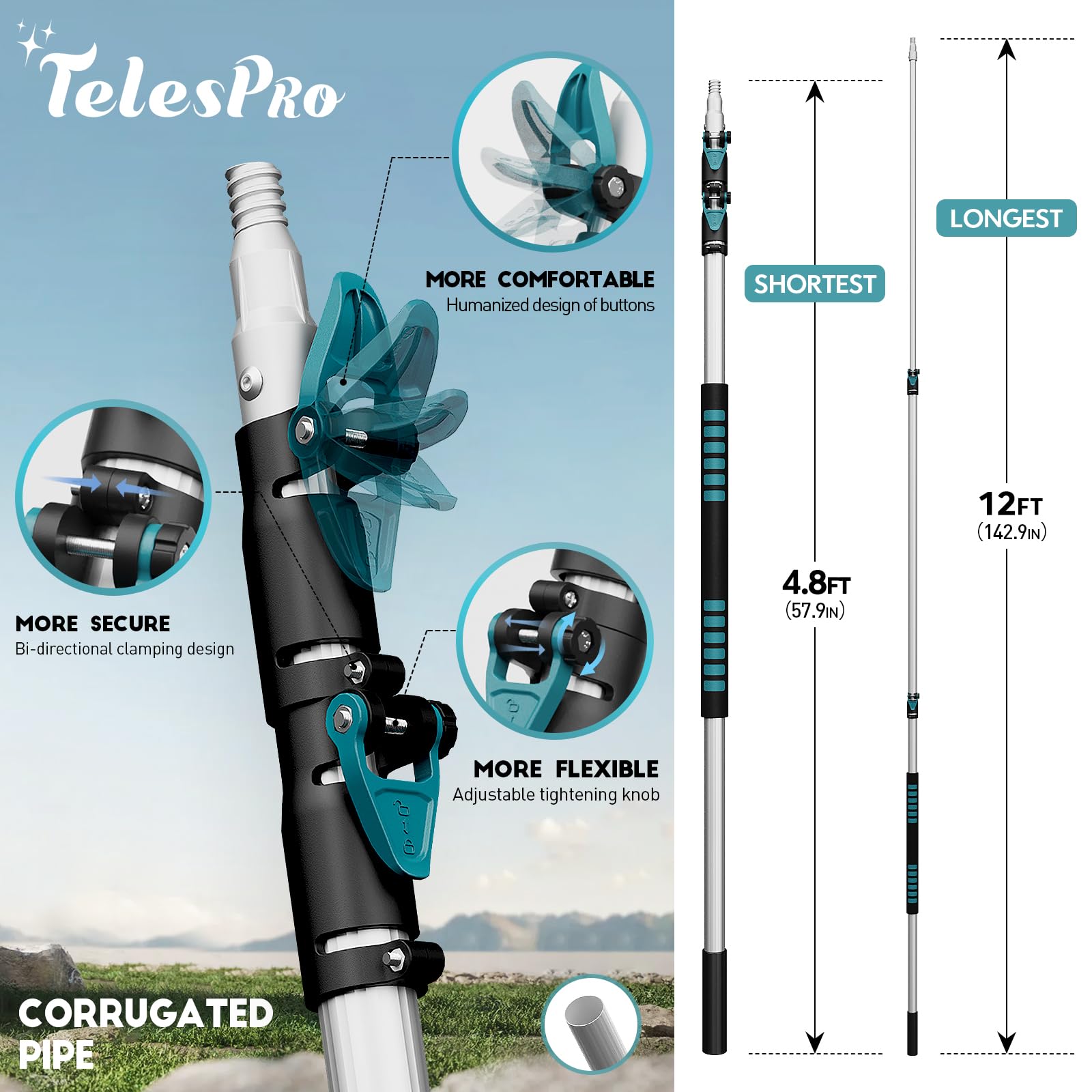 TelesPro 20 Feet High Reach Cobweb Duster with 5-12Ft Extension Pole, Webster Cobweb Duster with 3-Stage Telescopic Aluminum Pole, Spider Web Brush for Outdoor & Indoor Cleaning - Soft Bristles.