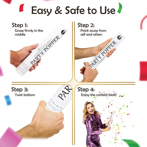 Clover Products LLC 12" Biodegradable Confetti Cannons | 6 Pack Confetti Poppers for Weddings, Birthdays & Parties | Air-Powered Party Poppers Shoot 25 Feet | Safe for Indoor & Outdoor
