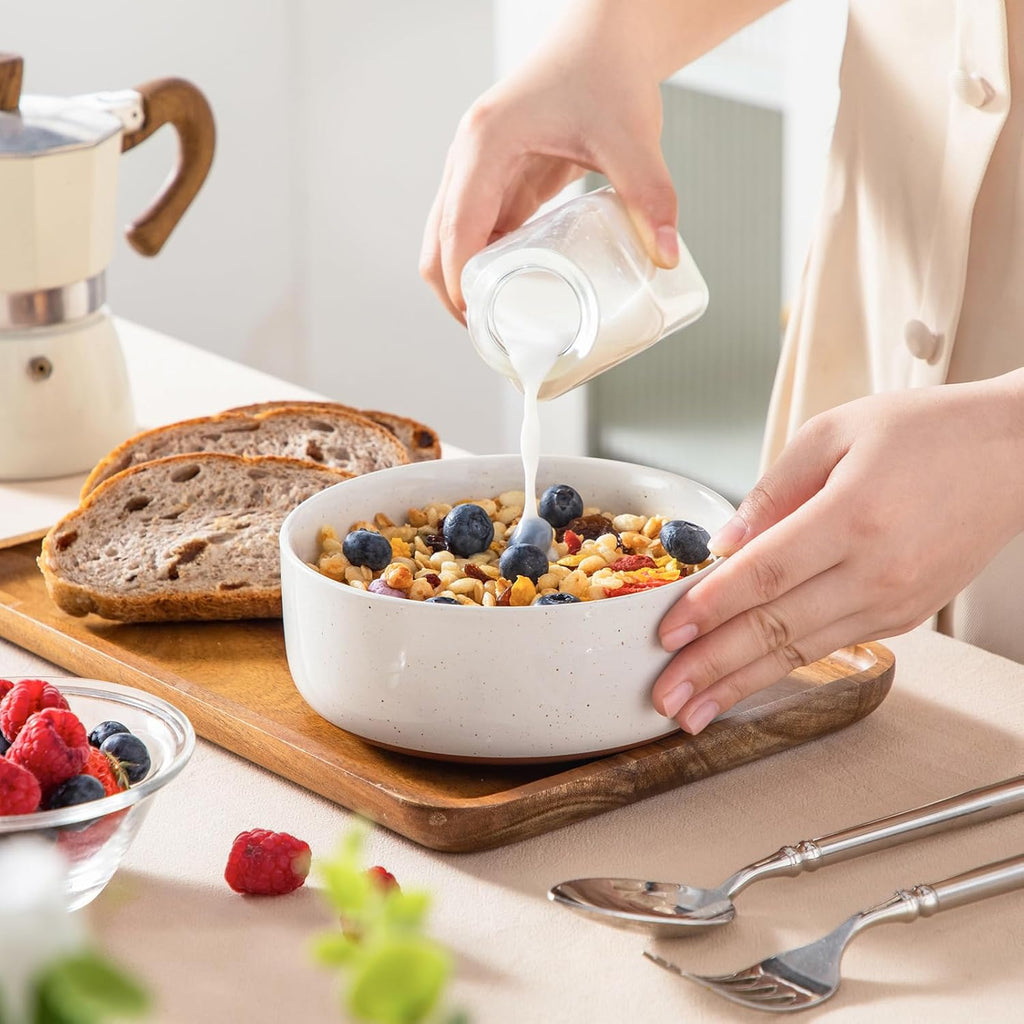MALACASA Cereal Bowls Set - 24 OZ Ceramic Soup & Breakfast Bowls | Dishwasher & Microwave Safe, Khaki White