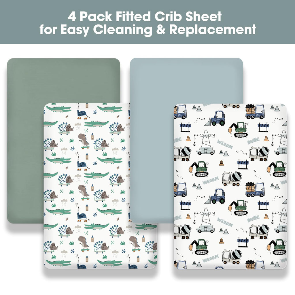 Little Grape Land Crib Sheets 4 Pack for Boys and Girls, Baby Neutral Crib Fitted Sheets for Standard Crib & Toddler Mattress, Super Soft Breathable Fitted Crib Sheet Set (Truck & Alligator)