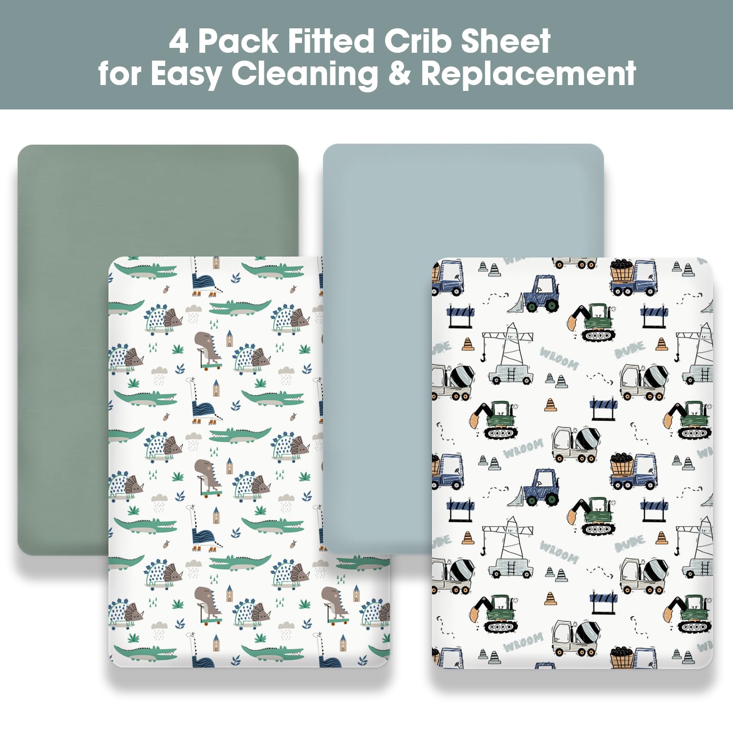 Little Grape Land Crib Sheets 4 Pack for Boys and Girls, Baby Neutral Crib Fitted Sheets for Standard Crib & Toddler Mattress, Super Soft Breathable Fitted Crib Sheet Set (Truck & Alligator)