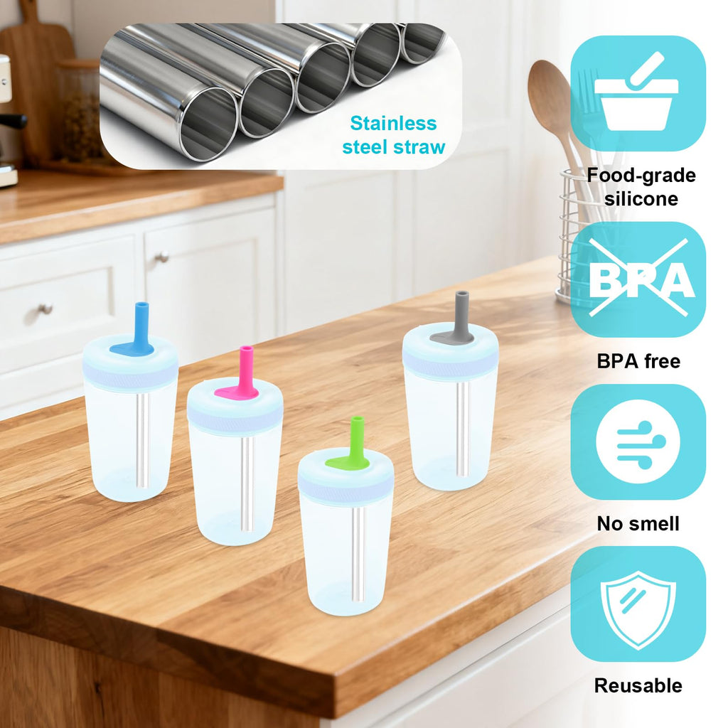 4pcs Straw Replacement for Zak, Stainless Steel Straws with Silicone Bite Valve with Cleaning Brush Cup Replacement Parts for kids Sippy Cups 12oz/ 15oz (4 Colors)