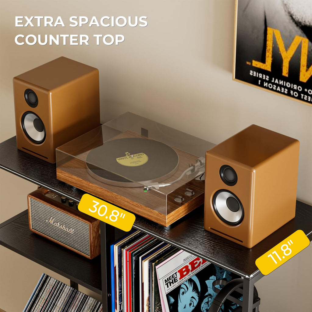 Nidouillet Record Player Stand with LED Light, Turntable Stand with Vinyl Storage for 300+ Albums, 3-Tier Media Cabinet with V-Shaped Holder & Adjustable Shelf, for Living Room & Bedroom