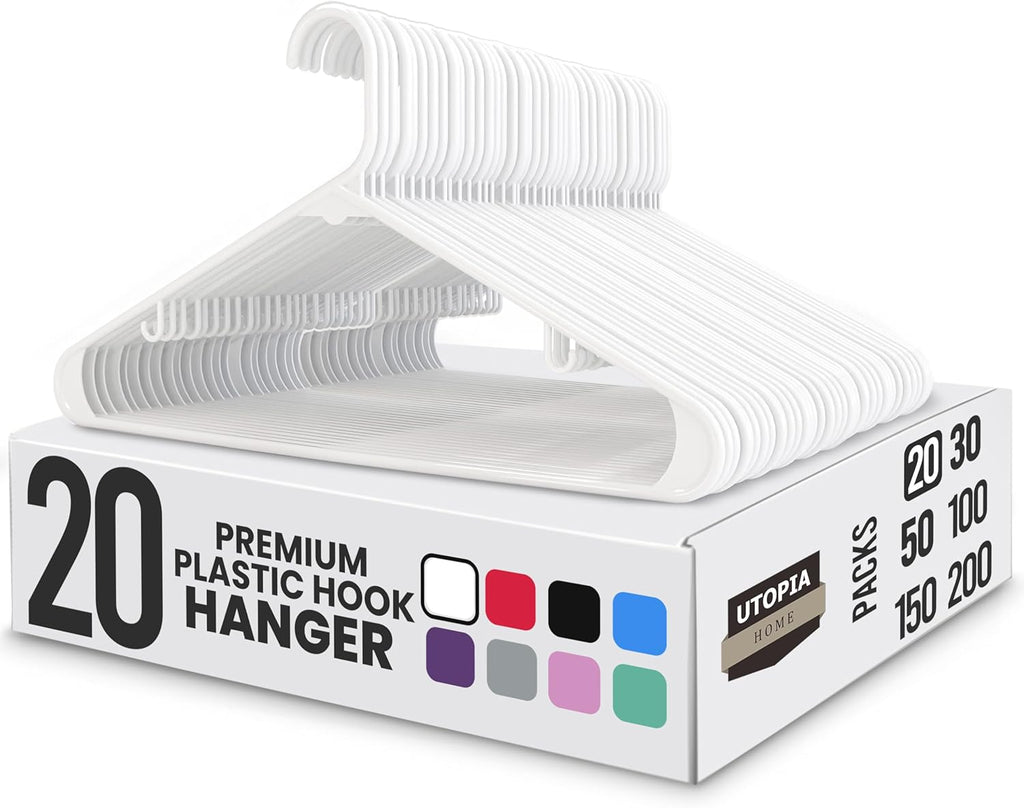 Utopia Home Plastic Hangers - Durable Space-Saving Clothes Organizer - 20 Pack for Shirts, Pants & Coats (White)