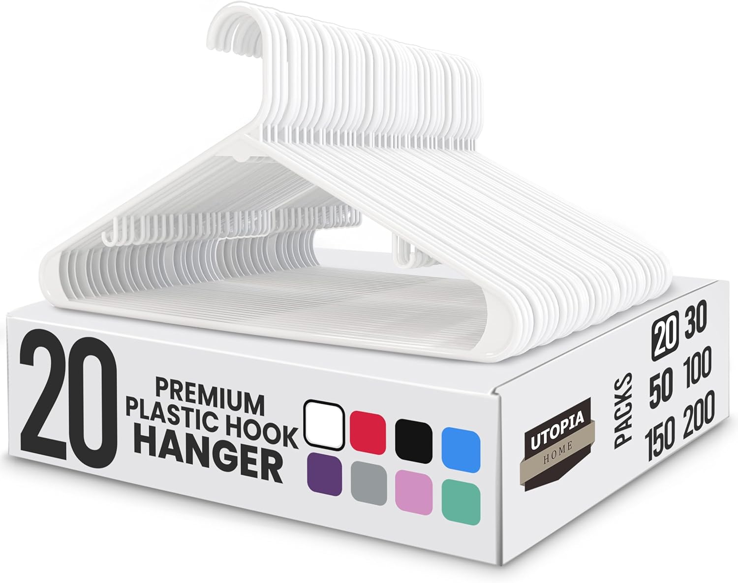 Utopia Home Plastic Hangers - Durable Space-Saving Clothes Organizer - 20 Pack for Shirts, Pants & Coats (White)