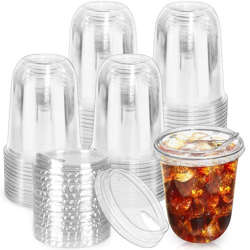 Kuihaazi 50 Pack Clear Plastic Cups with Strawless Sip Lids,16 oz Iced Coffee Cup,Disposable PET Crystal Round Bottom To Go Cup for Cold Beverage,Juice,Smoothie,Milkshake,Wedding,Party