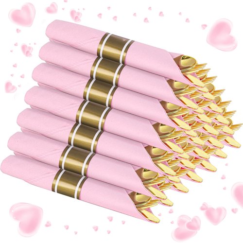 Supernal Gold Plastic Silverware Set with Pre Rolled Pink Napkin-Disposable Cutlery with Pink Linen Napkin Gold, Wrapped Plastic Silverware Heavy Duty Suit for Birthdays, Parties, Weddings 30Packs