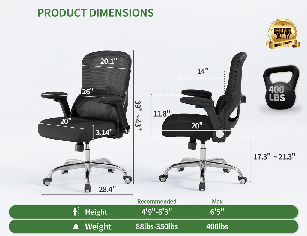 Office Chair - Computer Desk Chairs Comfy, Mesh High-Back Gaming Chair with Adjustable Lumbar Support, Executive Task Chair for Adults