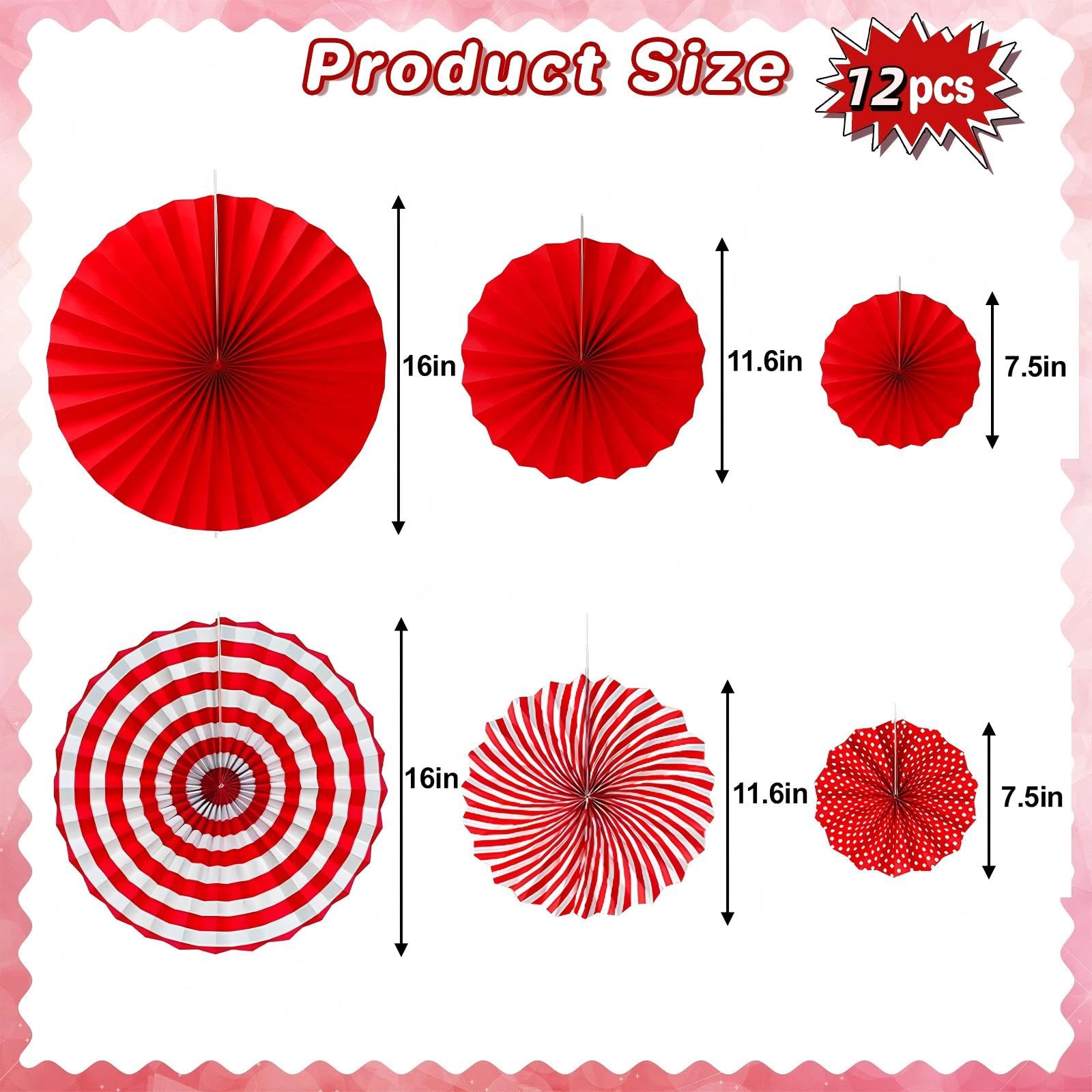 FHMUYDK 12 PCS Red Paper Fans,Round Hanging Pattern Paper Garlands Fan Party Decorations for Wall Decor Birthday Wedding BBQ Baby Shower Pizza Party Home Decor