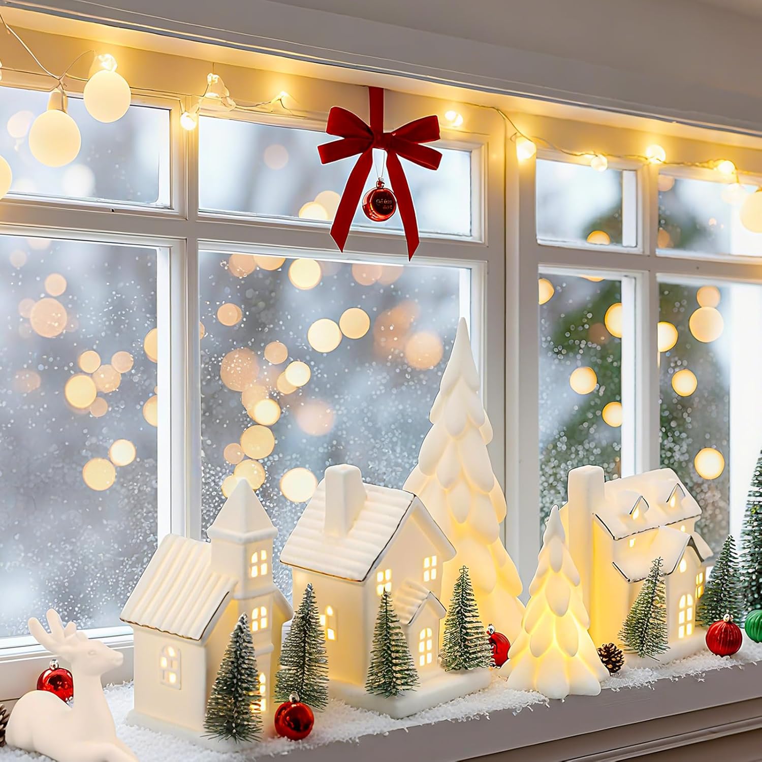 Regine Switzerland 12-Pc Ceramic Christmas Village Set - White Houses, LED Trees & Reindeer Decor