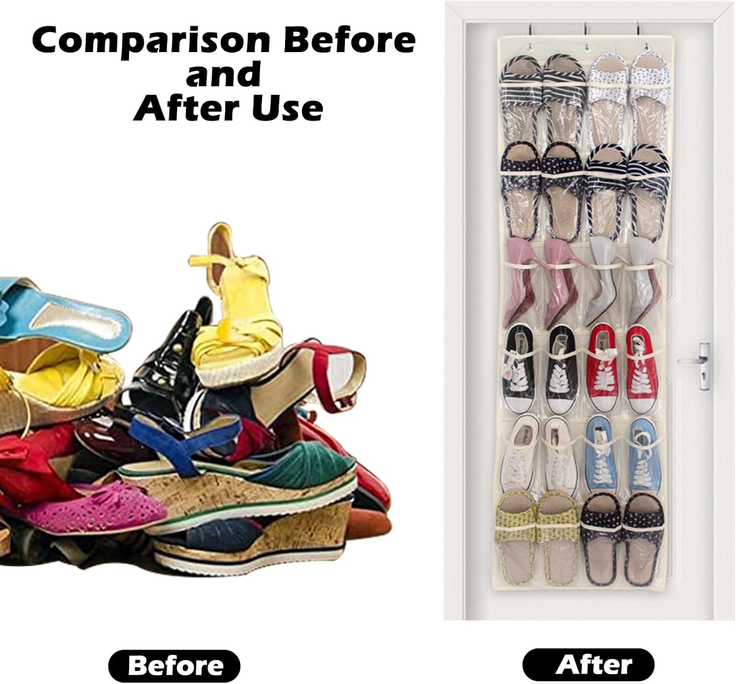 Skiennix Over The Door Shoe Organizer - 24 Pocket Folding Hanging Rack with Hooks | Heavy-Duty Mesh Holder
