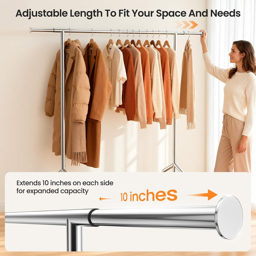 Skiennix Heavy Duty Clothes Rack - Rolling Metal Garment Rack with 650 LBS Capacity & 2 Shelves | Silver