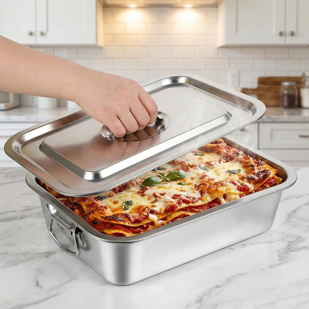 Stainless Steel Lasagna Pan by [Brand Name] - 4 Inch Extra Deep with Lid & Handles | 14x10.6 Inch Nonstick Roasting Dish